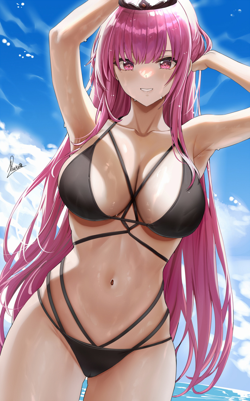 1girls 2022 armpits arms_up artist_signature bikini black_bikini breasts female female_only hi_res hips hololive hololive_english hololive_myth huge_breasts long_hair looking_at_viewer mori_calliope outdoors pink_eyes pink_hair piukute062 slim_waist smile thick_thighs thighs virtual_youtuber wet wet_body wide_hips