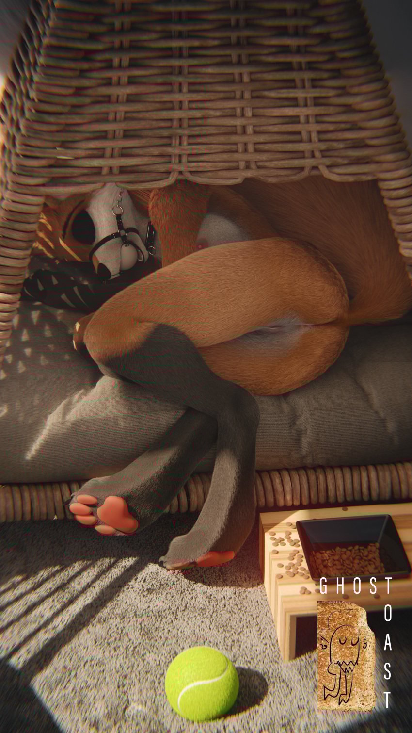 3d 4_toes 9:16 absurd_res anthro ball_gag barefoot belly bit_gag bodily_fluids bondage bound breasts canid canine chromatic_aberration claws clothed clothing collar cuff_(restraint) digital_media_(artwork) feet female fox gag gagged genitals ghostoast hair hi_res iris mammal navel nipples one_breast_out one_eye_closed partially_clothed plantigrade pussy restraints ruaidri solo submissive submissive_female toes white_belly
