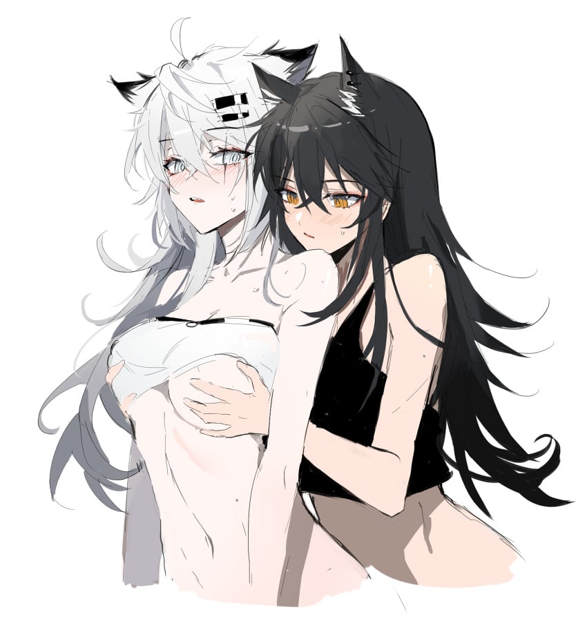 2girls @_@ ahoge animal_ears arknights bangs black_hair black_tank_top blush breast_grab breasts clothes_lift cropped_arms cropped_shirt cropped_torso crossed_bangs grabbing grabbing_from_behind grey_eyes hair_ornament hairclip highres lappland_(arknights) lifted_by_another long_hair looking_at_another looking_at_breasts looking_at_viewer medium_breasts meng_ziya messy_hair multiple_girls navel parted_lips scar scar_across_eye shirt_lift simple_background sketch sweat tank_top teeth texas_(arknights) upper_body upper_teeth white_background white_bandeau white_hair wolf_ears yellow_eyes yuri