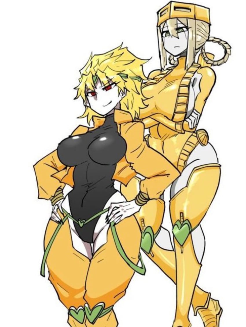 2girls big_breasts blonde_hair dio_brando female female_focus female_only fully_clothed genderswap_(mtf) jojo's_bizarre_adventure leotard mannungei multiple_girls rule_63 stand_(jjba) stardust_crusaders the_world thick_thighs