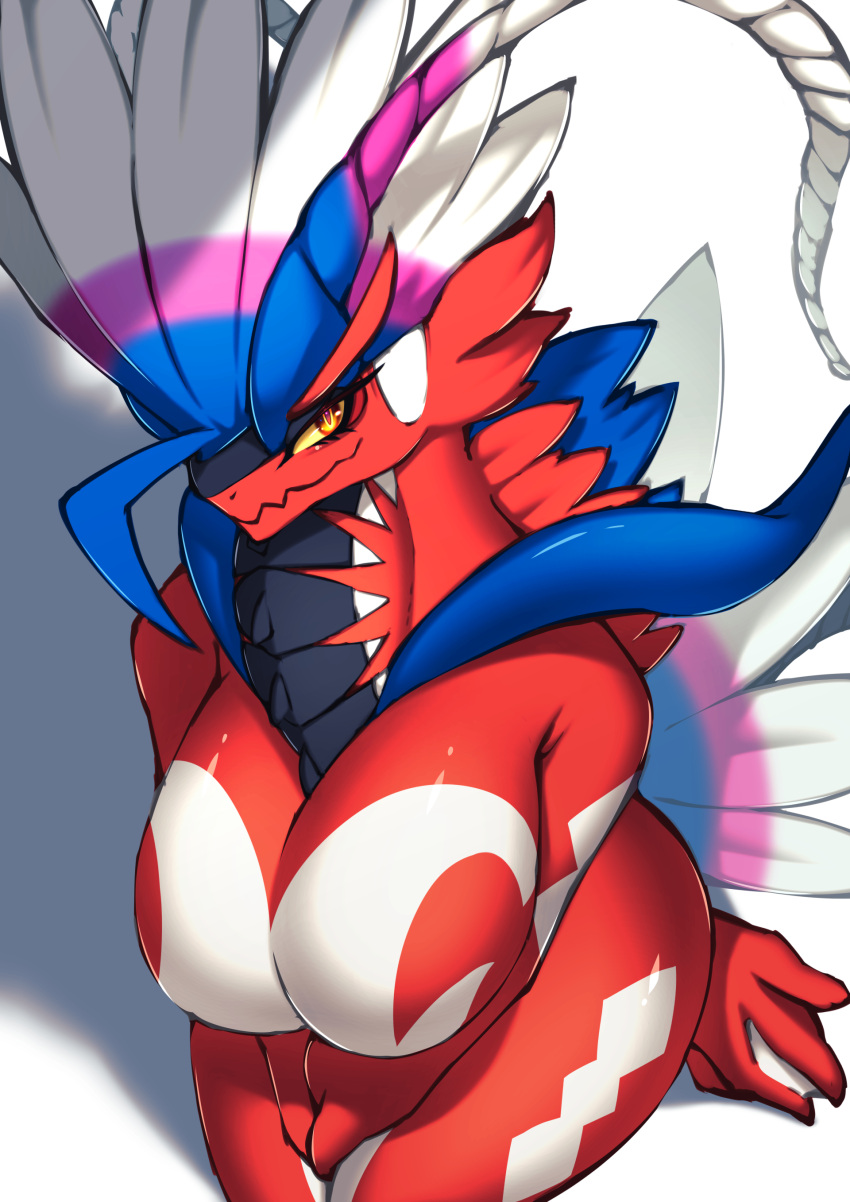 2022 absurd_res anthro big_breasts breasts cheap_melonsoda dragon feathers female hi_res koraidon legendary_pokémon nintendo nude pokémon_(species) pokemon pokemon_sv red_body simple_background smile solo tire video_games white_background