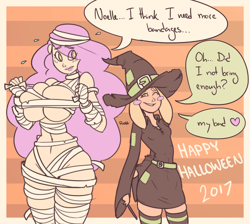 2girls big_breasts bobbi_(ruffsketches) bursting_breasts enormous_breasts heart huge_breasts massive_breasts multiple_girls mummy mummy_costume oc original_character ruffsketches_(artist) tagme text text_bubble tricked witch witch_costume