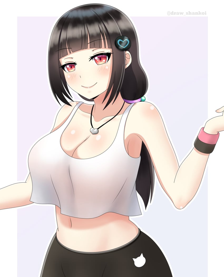 1girls alternate_version_at_source alternate_version_available big_breasts black_hair clothed_female hana_sakura kaso_shojo light-skinned_female long_hair long_hair_female looking_at_viewer no_bra no_bra_under_clothes smile thighs twitter twitter_username virtual_youtuber