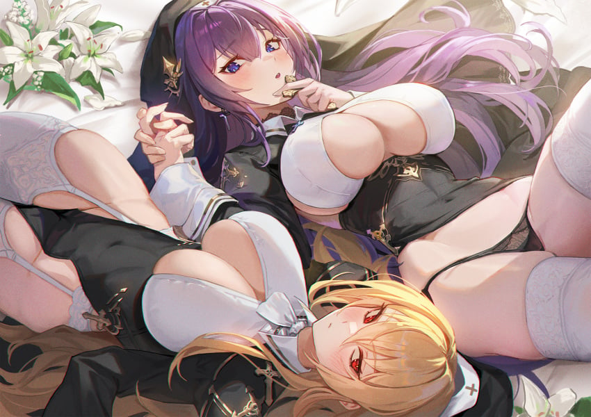 2022 2girls blonde_hair blue_eyes breasts cleavage f.k_(hs225kr) female female_only hand_holding hi_res hips huge_breasts light-skinned_female light_skin long_hair lying_on_back nun nun's_habit nun_outfit original original_character purple_hair red_eyes revealing_clothes sayuri_(k_pring) slim_waist someone_else's_oc thick_thighs thighs wide_hips yuna_(biya)