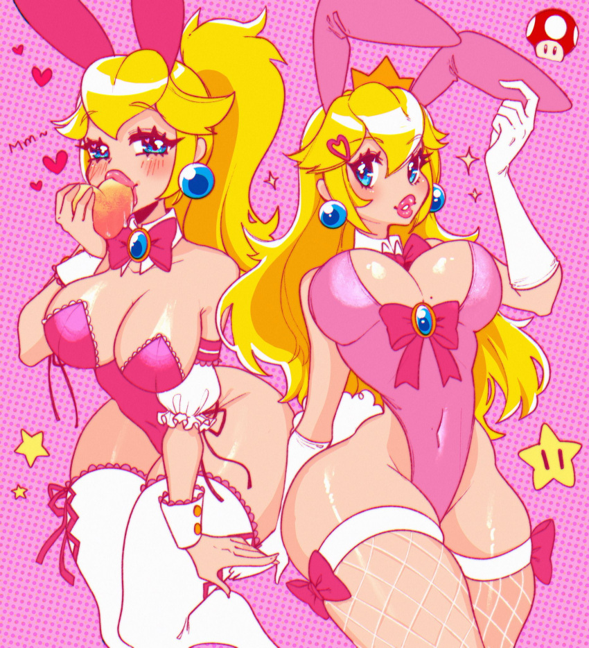 1girls 2021 blonde_hair blue_eyes bunny_ears bunny_tail bunnysuit cleavage crown crystalsugarstars detached_collar earrings eating elbow_gloves female female_only fishnet_stockings fishnets fully_clothed hi_res legwear long_hair looking_at_viewer mario_(series) neck_ribbon nintendo peach_(fruit) pink_lips princess_peach revealing_clothes solo solo_female stockings super_mario_bros. thick_thighs thigh_squish wide_hips wrist_cuffs