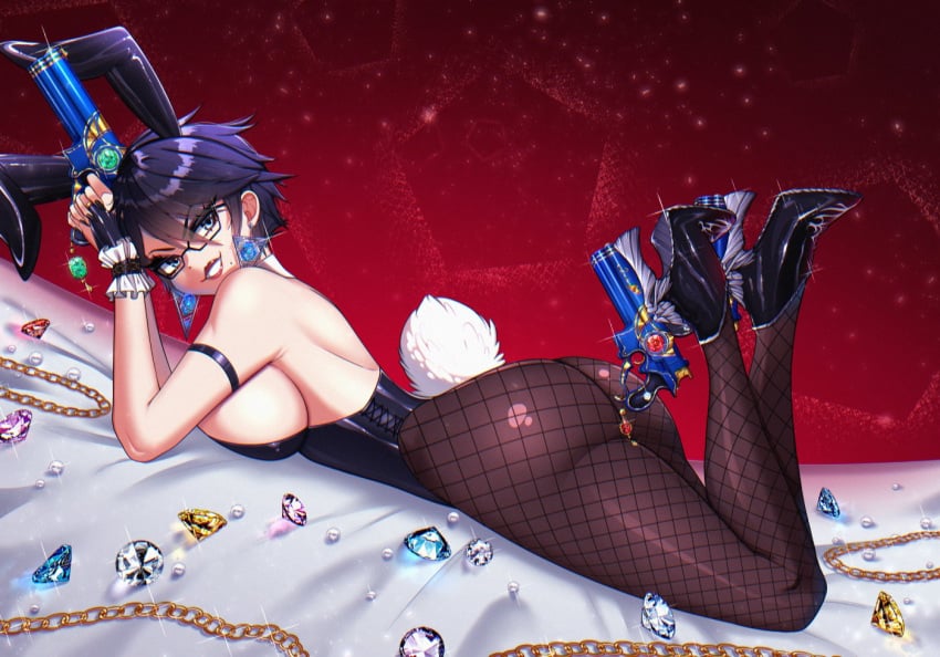 1girls ass bayonetta bayonetta_(character) bayonetta_2 black_hair bunny_ears bunny_tail bunnysuit crystalsugarstars earrings eyewear female female_only firearm fishnet_pantyhose glasses gun handgun heels hi_res human looking_at_viewer lying lying_on_stomach mole mole_under_mouth pale_skin pantyhose red_lipstick side_view sideboob smiling smiling_at_viewer solo solo_female teeth_showing weapon