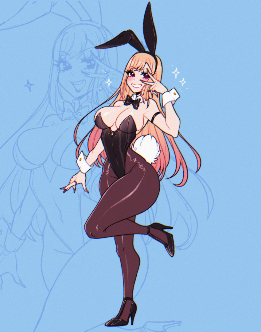 1girls 2022 bent_leg blonde_hair blush bunny_ears bunny_tail bunnysuit crystalsugarstars detached_collar female female_only gyaru heels hi_res kitagawa_marin lipstick long_fingernails long_hair looking_at_viewer neck_ribbon pantyhose smiling smiling_at_viewer solo solo_female sono_bisque_doll_wa_koi_wo_suru sparkles standing_on_one_leg teeth_showing thick_thighs v_sign wrist_cuffs