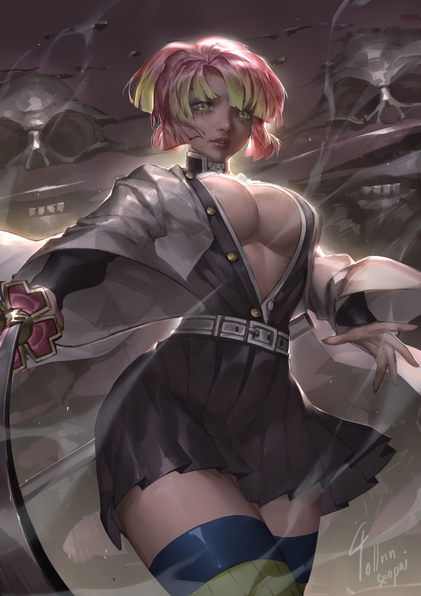 alternate_hairstyle attacking_viewer big_breasts cleavage demon_slayer female female_only green_eyes haori hi_res kanroji_mitsuri kimetsu_no_yaiba looking_at_viewer mole_under_eye no_bra open_shirt painting_(artwork) pink_hair pleated_skirt ponytail solo sword thighhighs tollrin-senpai two_tone_hair unbuttoned_shirt underboob uniform weapon wide_hips