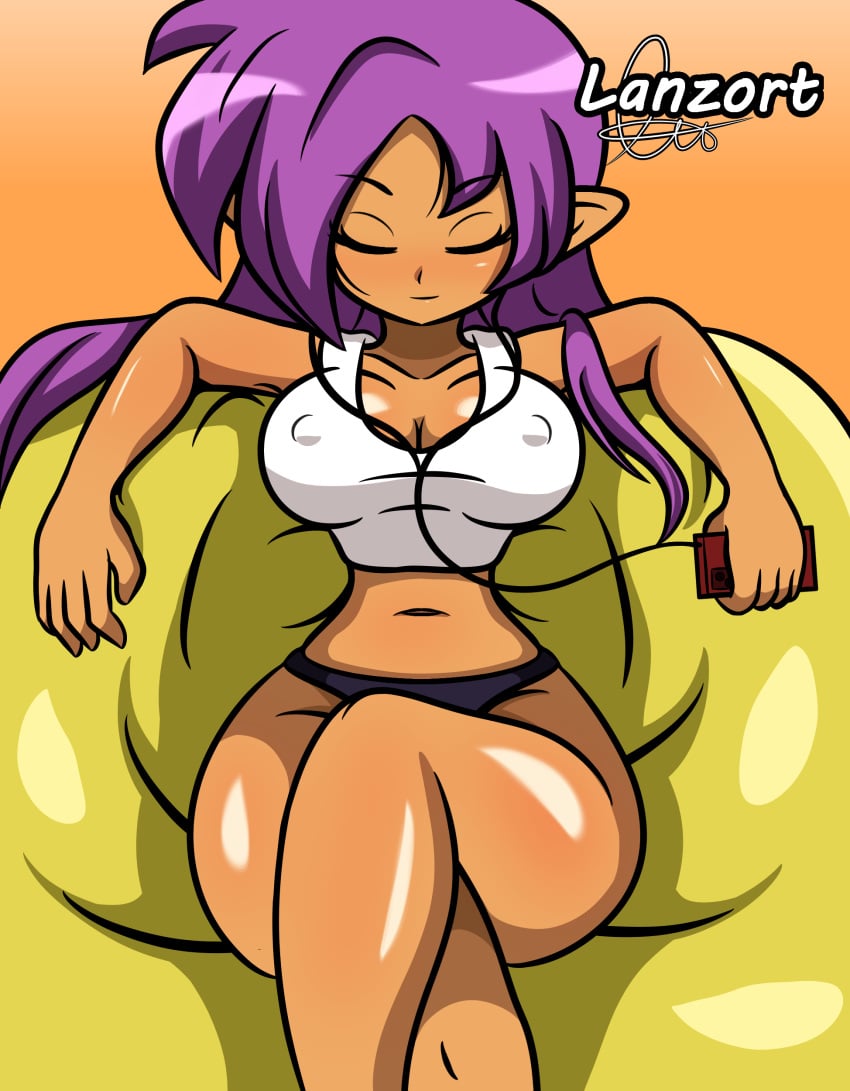 1girls alternate_version_available bottomwear cleavage closed_eyes curvaceous curvy earbuds erect_nipples female female_only hips hourglass_figure lanzort1 legs_crossed long_hair panties phone pointy_ears purple_hair shantae shantae_(character) solo solo_female thick_thighs thighs thin_waist topwear white_topwear wide_hips