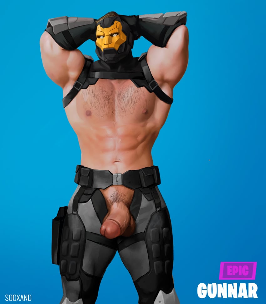 1boy abs balls ballsack bara biceps body_hair erection foreskin fortnite gloves gunnar_(fortnite) hairy_chest hands_behind_head harness human intact male male_nipples male_only male_pubic_hair mask muscular_male pecs penis retracted_foreskin scrotum solo sooxand testicles uncut veiny_penis watermark