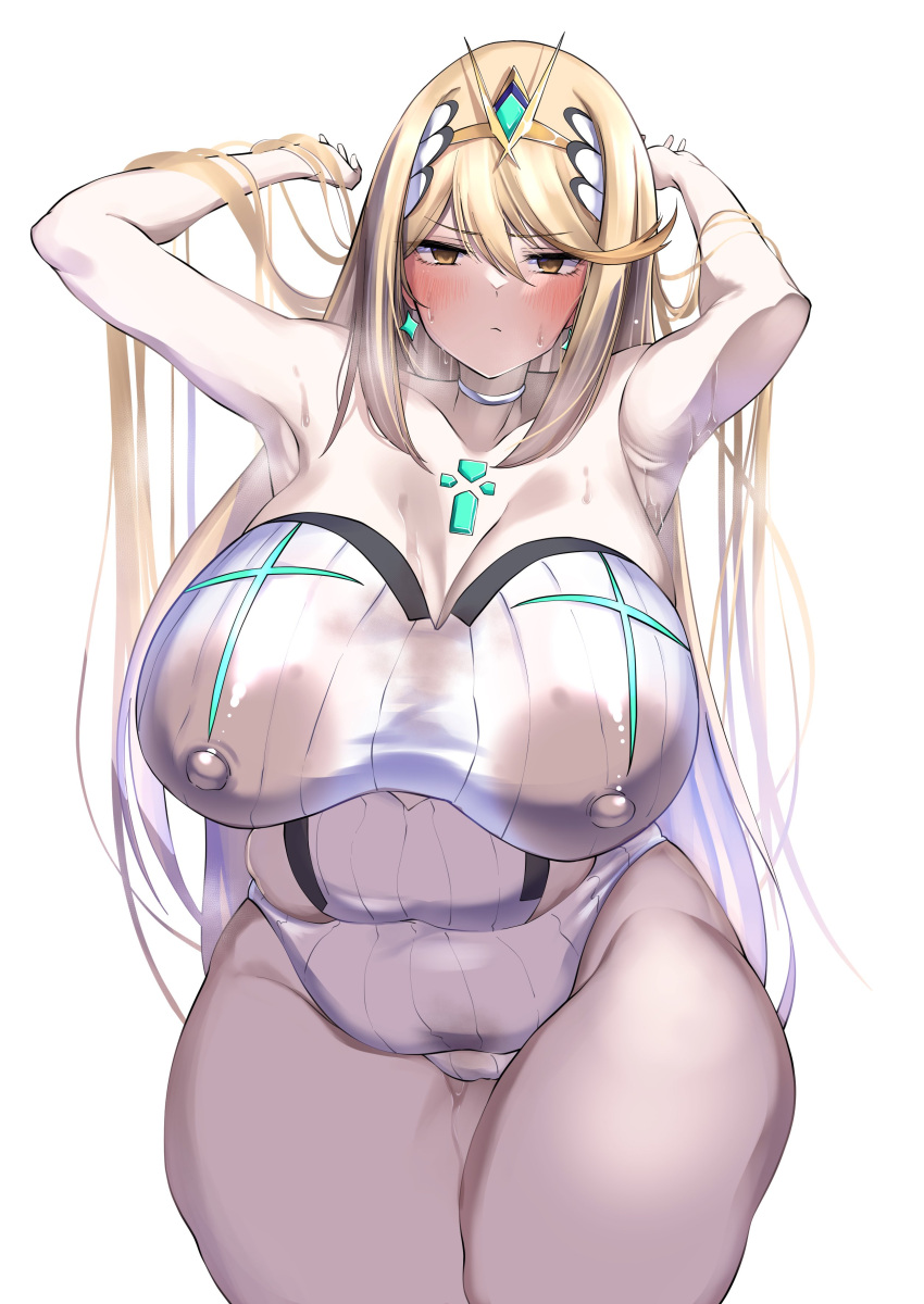 1girls 2022 alternate_breast_size areolae armpits arms_up bangs blonde_hair blush breasts chubby dark_nipples female female_only gold_eyes highleg_swimsuit hips huge_breasts large_areolae long_hair looking_at_viewer mythra nintendo nipples nipples_visible_through_clothing one-piece_swimsuit ryouten9 see-through see-through_clothing sweat sweaty_body swept_bangs swimsuit thick_thighs thighs thunder_thighs white_background white_swimsuit wide_hips xenoblade_(series) xenoblade_chronicles_2