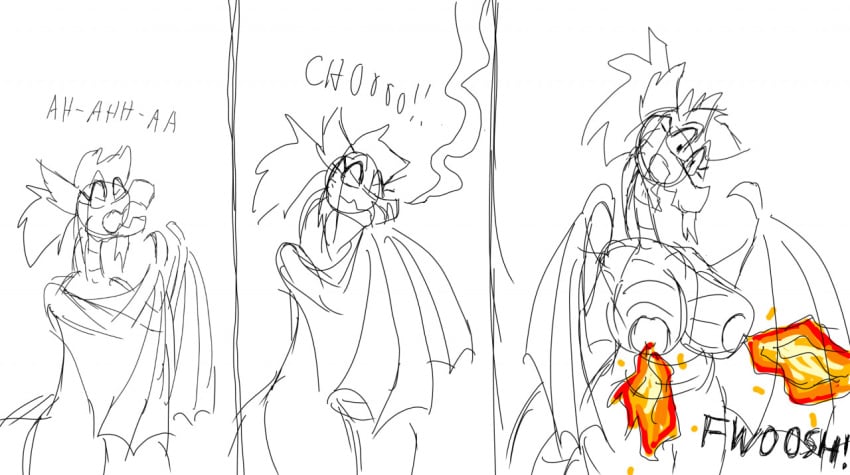 3_panel_comic anthro big_breasts breasts chubby_female dragon elemental_manipulation english_text eyelashes female fire fire_manipulation hair humor lunarisafterdark nipples nude ponytail shocked_expression sketch smoke sneeze solo standing text wyvern xanphur