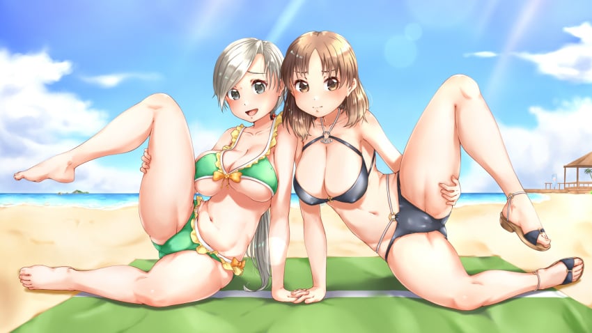 2girls barefoot brown_eyes chitose_(kantai_collection) chiyoda_(kantai_collection) duo female june_(ne_z_asa) kantai_collection open_mouth swimsuit