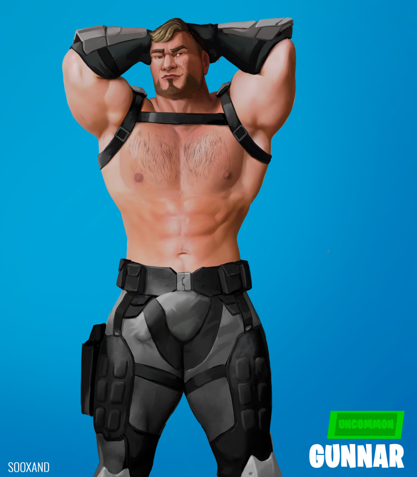 1boy abs bara beard biceps body_hair erection facial_hair fortnite gloves gunnar_(fortnite) hairy_chest hands_behind_head harness human male male_nipples male_only muscular_male pecs penis_outline solo sooxand watermark