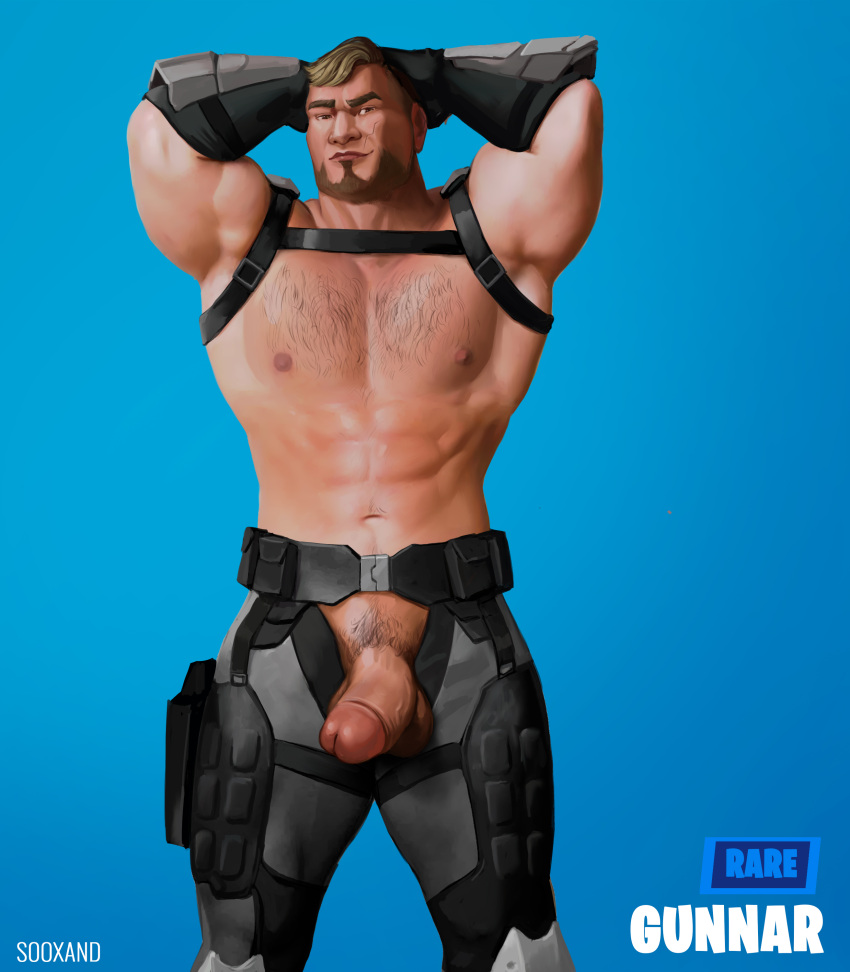 1boy abs balls ballsack bara beard biceps blonde_hair blue_background body_hair erection facial_hair foreskin fortnite gloves gunnar_(fortnite) hairy_chest hands_behind_head harness human intact male male_nipples male_only male_pubic_hair muscular_male pecs penis retracted_foreskin scrotum solo sooxand testicles uncut veiny_penis watermark