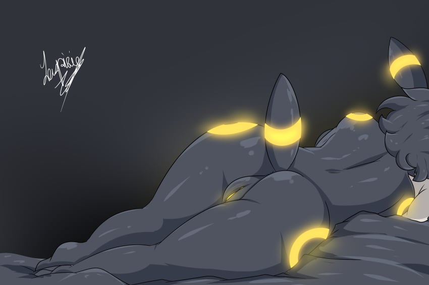 absurd_res anthro anthrofied ass bed bed_sheet bedding big_butt eeveelution female fur furniture furry furry_only genitals glowing glowing_genitalia glowing_markings gradient_background grey_background grey_body grey_fur hair hi_res jaspixie markings muna_(jaspixie) nintendo on_bed pillow pokémon_(species) pokemon pokemon_(species) pussy signature simple_background sleeping solo tail umbreon video_games