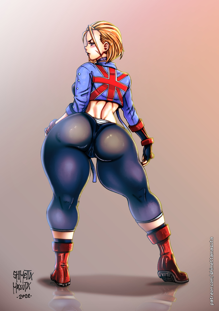 1girls 2022 ass big_ass blonde_hair boots bubble_butt cameltoe cammy_white capcom clothed clothed_female clothes clothing cropped_jacket female female_focus female_only fingerless_gloves full_body fully_clothed jacket leggings pinup pinup_pose rear_view shimetta_masuta short_hair skin_tight solo street_fighter street_fighter_6 tagme tight_clothing union_jack