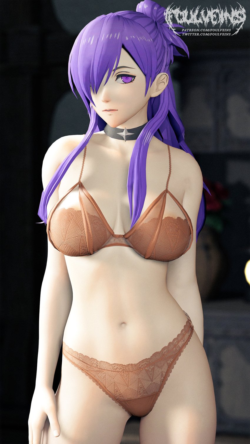 1girls 3d breasts choker disinterested emotionless expressionless female female_only fire_emblem fire_emblem:_three_houses fire_emblem_warriors fire_emblem_warriors:_three_hopes foulveins hair_over_one_eye large_breasts long_hair looking_at_viewer nintendo purple_eyes purple_hair shez_(female)_(fire_emblem) shez_(fire_emblem) solo