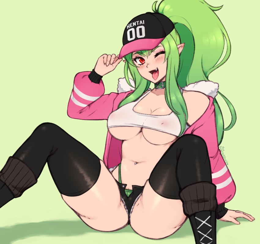 1girls 2021 baseball_cap belt_collar black_thighhighs blush boots cap collar elf female female_only green_background green_eyes hi_res jacket linnaea_(silviathepony) long_hair looking_at_viewer minishorts navel_piercing nipples_visible_through_clothing oerba_yun_fang open_mouth pointy_ears ponytail red_eyes sitting smiling smiling_at_viewer solo solo_female tank_top thescarletdevil thighhighs thong tight_clothing tongue_out underboob wink winking_at_viewer