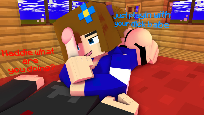 1boy 1girls 3d adult bed bedroom big_ass bisexual_(female) blue_eyes breasts brown_hair clothed_female clothed_male commission erect_penis female handjob human humanoid looking_at_partner maddie_burr male mine-imator minecraft olivialewdz open_mouth