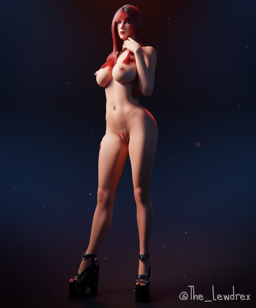 1girls 3d 3d_(artwork) artist_name belly_button big_breasts breasts fable_(fortnite) female female_only fortnite heels high_heels lewdrex naked naked_footwear naked_heels navel navel_piercing nipple_piercing nipple_rings nude piercing piercings platform_heels pubic_hair pussy red_hair shoes_only simple_background solo solo_female standing thick_thighs thighs watermark