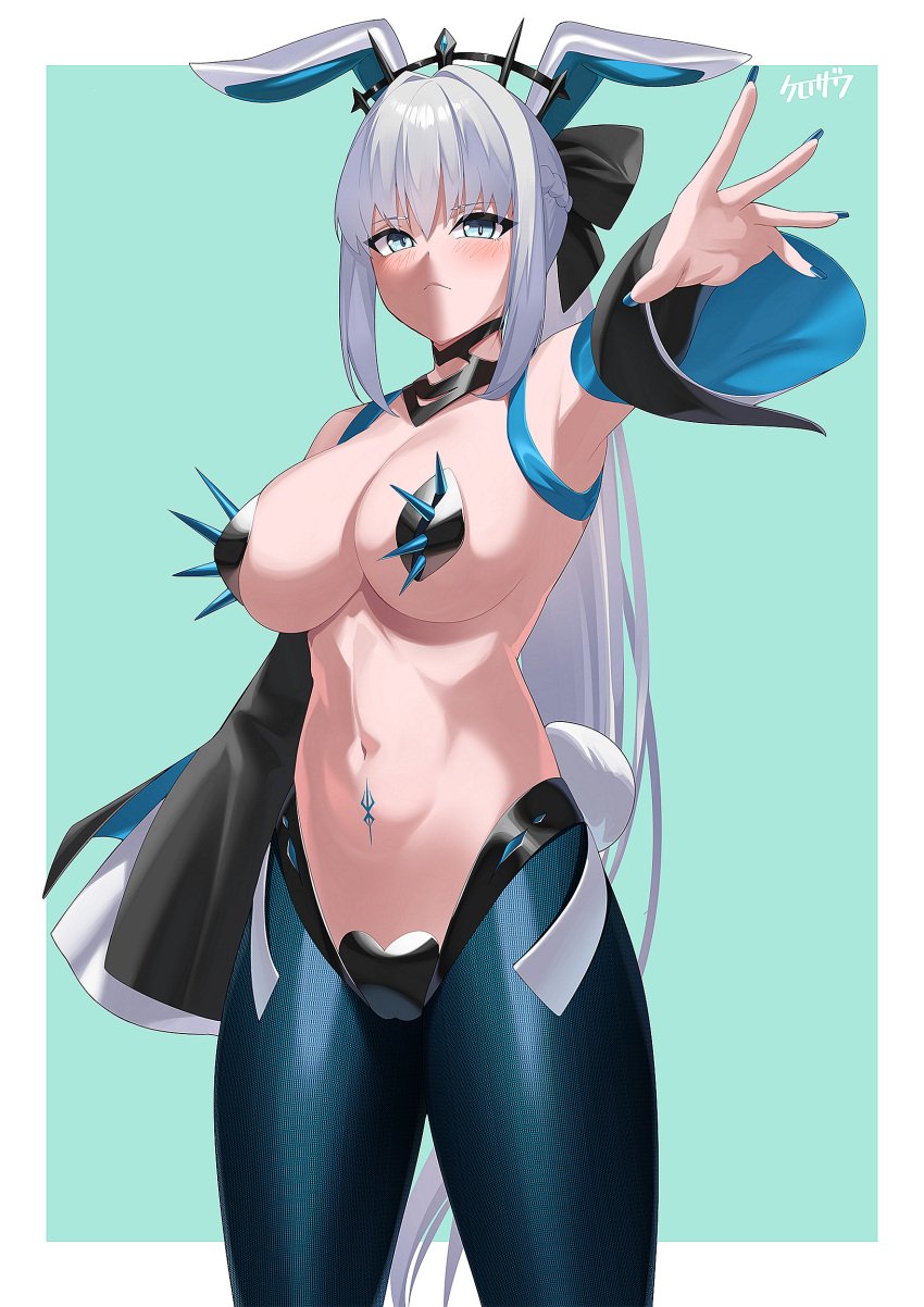 absurdres animal_ears armpits bangs black_bow blue_eyes blue_legwear blue_nails bow braid breasts bunny_ears crown fake_animal_ears fate/grand_order fate_(series) female french_braid grey_hair hairbow heart_pasties highres kurozawa_yui large_breasts long_hair looking_at_viewer meme_attire morgan_le_fay_(fate) nail_polish navel pasties ponytail rabbit_ears reverse_bunnysuit reverse_outfit sidelocks solo stomach thighhighs thighs very_long_hair