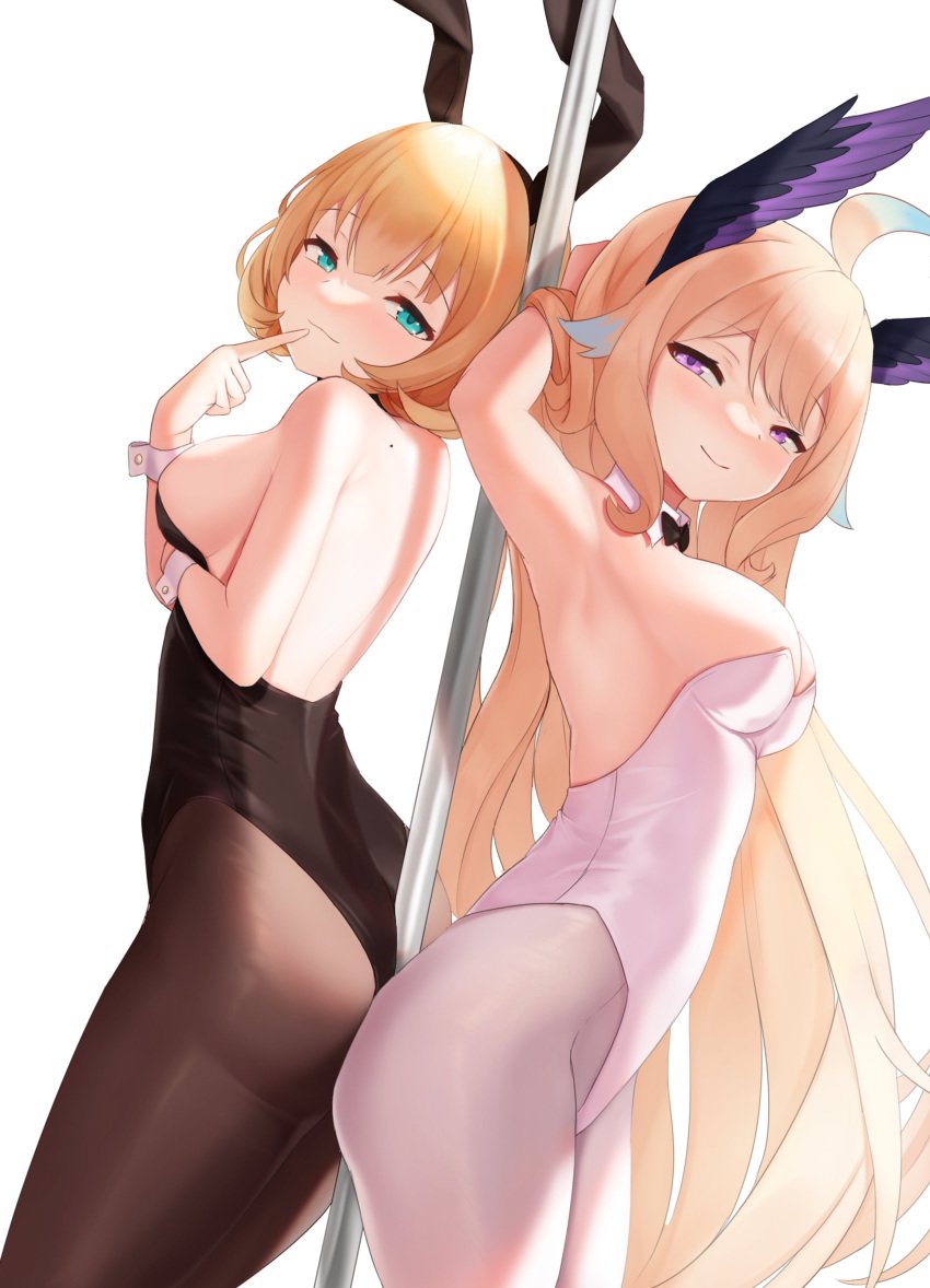 2girls armpits back_view blonde_hair blue_eyes blush bunny_ears bunnysuit enna_alouette hair_wings long_hair medium_breasts millie_parfait nijisanji nijisanji_en pole pole_between_ass purple_eyes short_hair sideboob sleepypudding virtual_youtuber white_hair