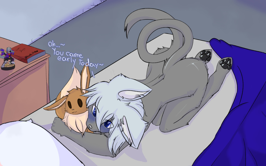 absurd_res anthro ass ass_up bed black_pawpads blue_eyes blush cute_expression cute_eyes domestic_cat eevee embrace felid feline felis first_person_view fur furniture grey_body grey_fur hair hi_res hug kuro_(kurotodraw) kurotodraw looking_at_viewer male mammal nintendo nude pawpads plushie pokémon_(species) pokemon pokemon_(species) raised_tail romantic solo solo_focus star_fox video_games white_hair wolf_o'donnell