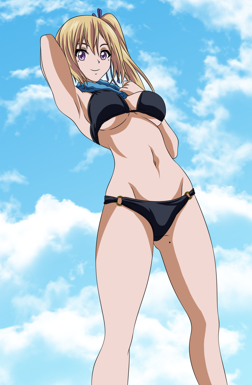 1girls arm_behind_head armpits big_breasts bikini black_bikini blonde_hair breasts busty cleavage female female_only highres kawakami_mai krazykamikaze44 large_breasts legs mole musaigen_no_phantom_world navel pose purple_eyes side_ponytail smile solo swimsuit thighs