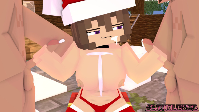 1girls 2boys 3d adult bisexual_(female) breasts brown_hair christmas cum_in_pussy cumshot erect_nipples erect_penis female handjob horny_female human humanoid looking_at_partner looking_at_penis maddie_burr mine-imator minecraft nude_female olivialewdz outside public public_use purple_eyes santa_costume santa_hat snow sperm tagme