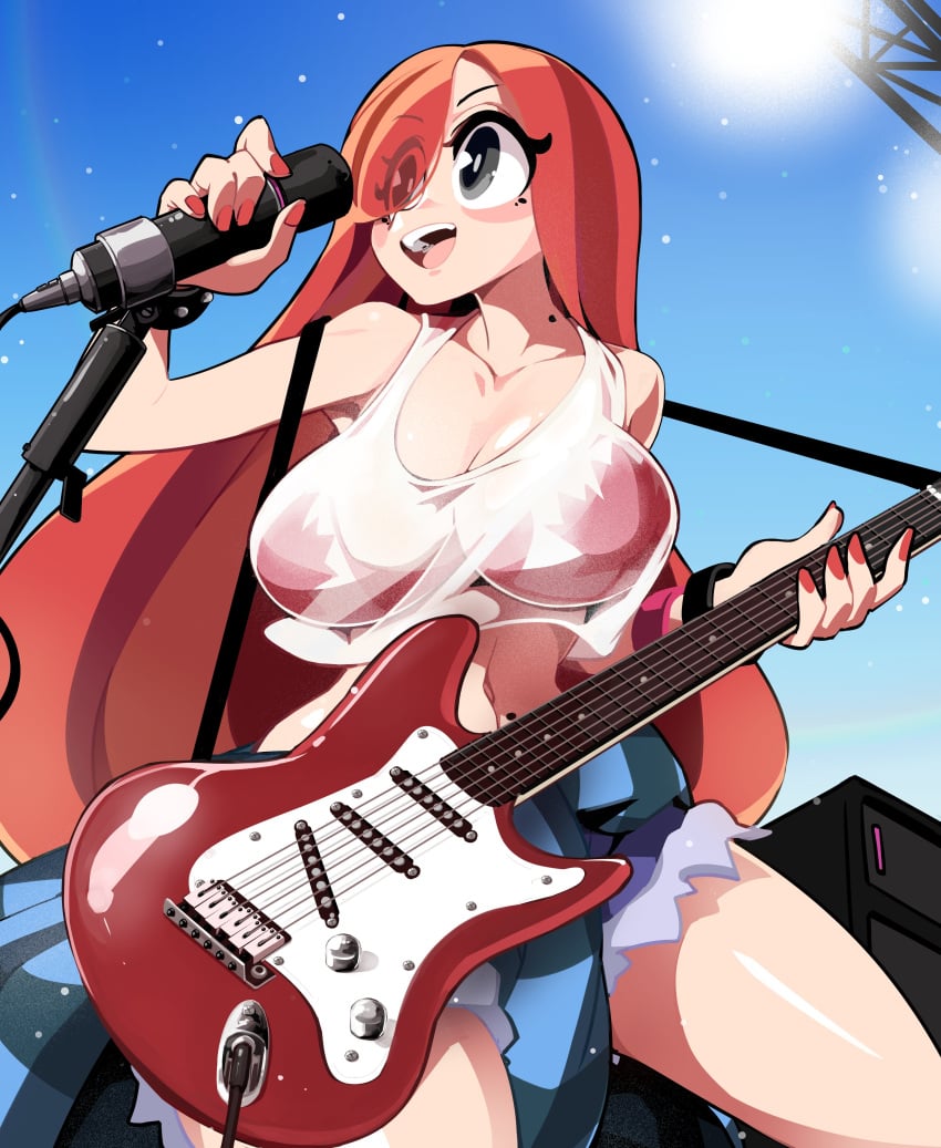 1girls big_breasts bongfillstudent canada canadian_flag casual clothing electric_guitar female guitar human juliette_(murgoten) long_hair maple_leaf microphone musical_instrument nail_polish painted_nails pale_skin red_hair red_nails singer solo solo_female swimwear tagme wet_shirt