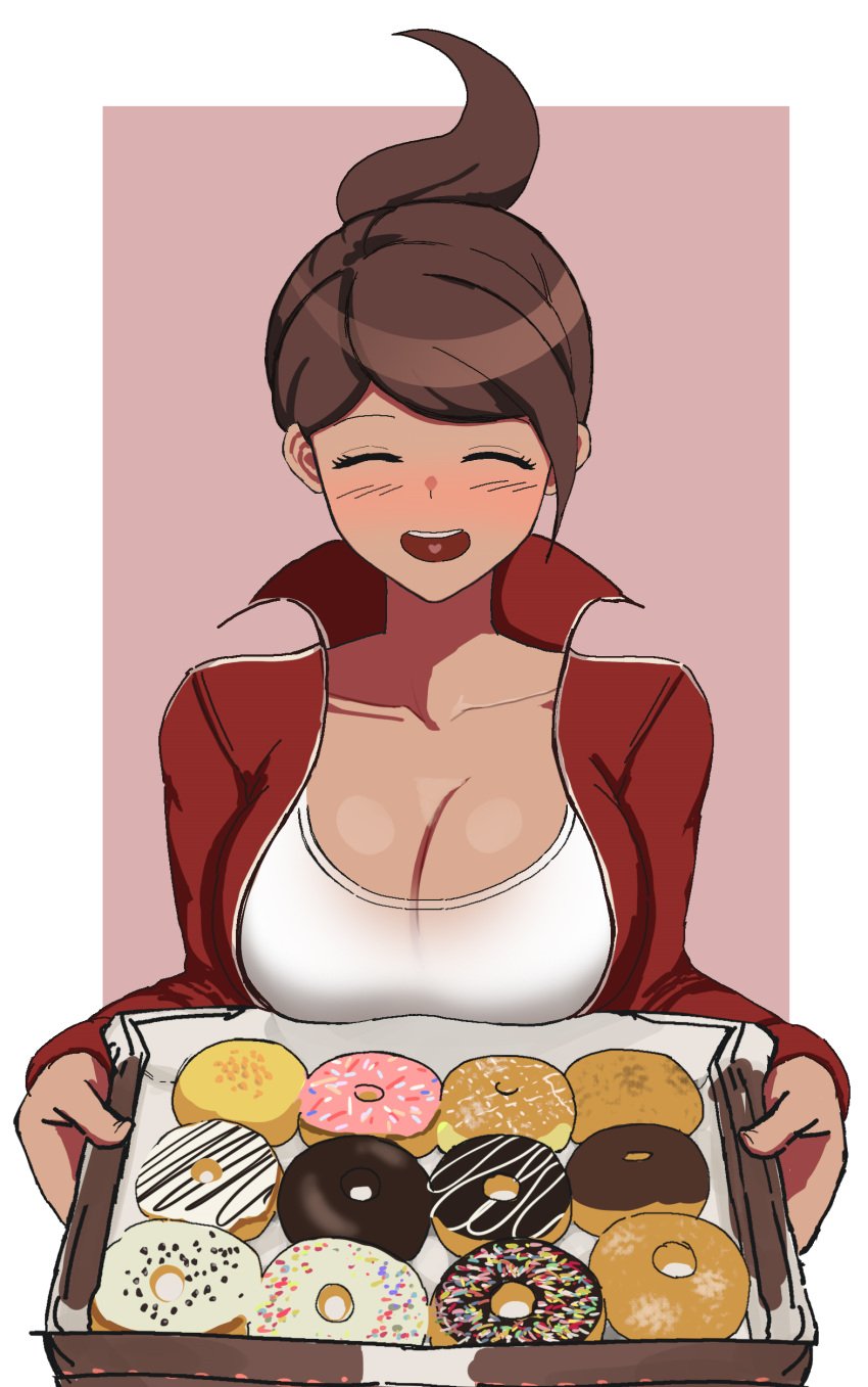 1girls alternate_version_at_source alternate_version_available asahina_aoi big_breasts blush blush_lines box_of_donuts brown_hair cleavage cleavage_window closed_eyes clothed clothes clothing danganronpa danganronpa:_trigger_happy_havoc danganronpa_1 donut female large_breasts open_mouth seongkun straight_hair topwear