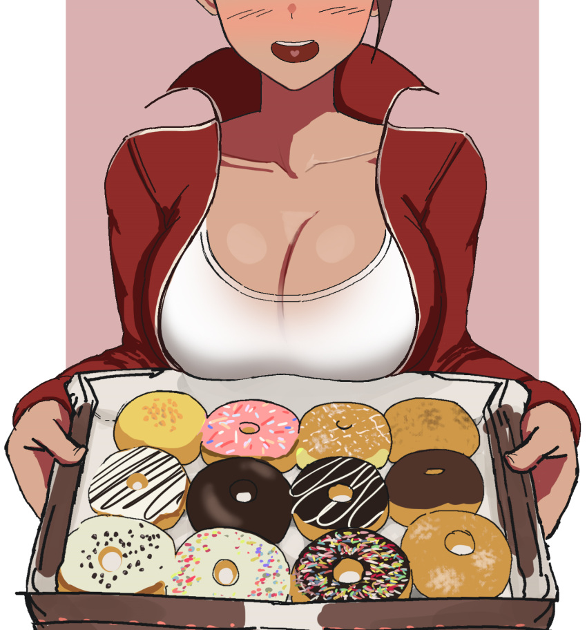 1girls alternate_version_available asahina_aoi big_breasts blush blush_lines box_of_donuts brown_hair cleavage cleavage_window closed_eyes clothed clothes clothing danganronpa danganronpa:_trigger_happy_havoc danganronpa_1 donut female large_breasts open_mouth seongkun straight_hair topwear