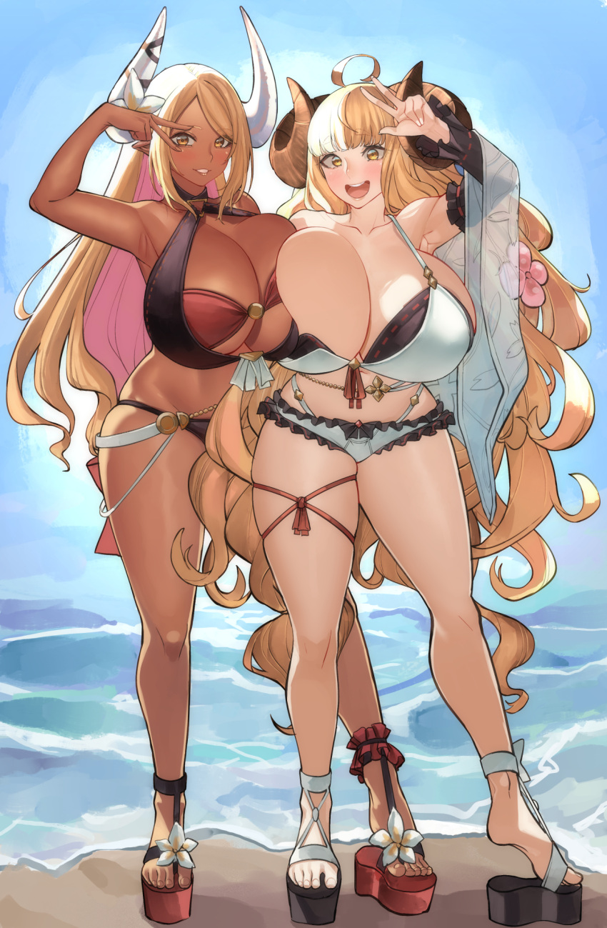 2girls ahoge anila_(granblue_fantasy) beach blonde_hair blood_hood blush breasts dark-skinned_female dark_skin eyebrows_visible_through_hair female granblue_fantasy horns kuvira_(granblue_fantasy) large_breasts light-skinned_female multiple_girls open_toe_shoes sand tagme water