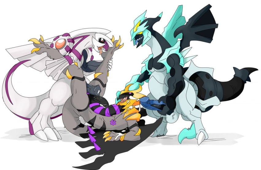 3boys dragon furry gay giratina kyurem male male_only necklace nelsonnoir palkia penis pokemon pokemon_bw pokemon_dppt scalie sharp_teeth tongue_out wings yaoi