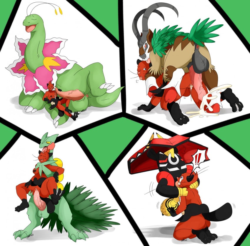 1girls 4boys anthro anthrofied anus dewott furry gogoat meganium nelsonnoir oral penis pokemon pokemon_(species) pokemon_bw pokemon_rse pokemon_sm pokemon_xy tapu_bulu vaginal_penetration veiny_penis