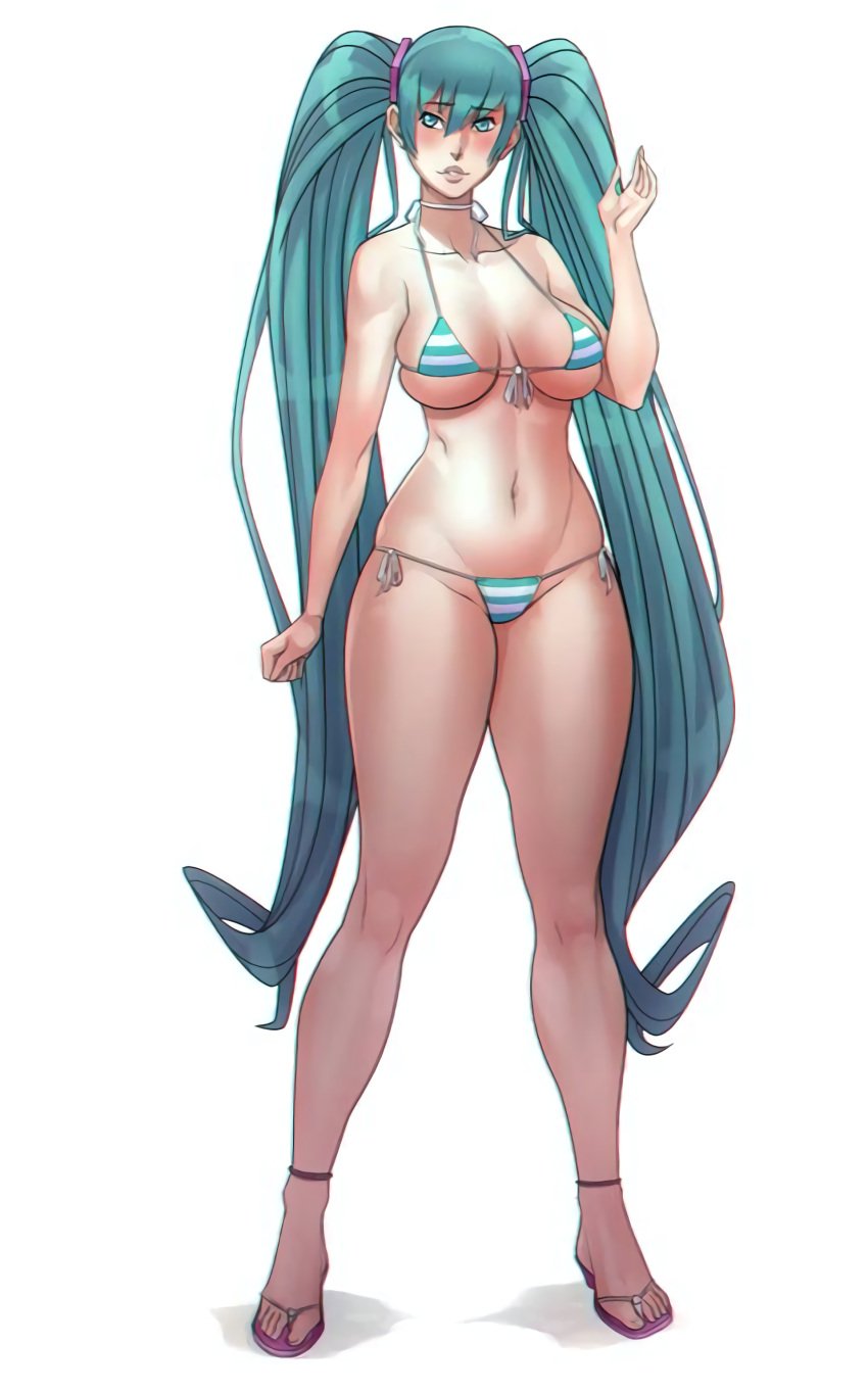 1girls big_breasts bikini blush breasts busty feet female female_only green_eyes green_hair hatsune_miku highres large_breasts legs long_hair navel pop-leex sensual smile solo striped striped_bikini swimsuit thick_thighs thighs twintails underboob vocaloid voluptuous