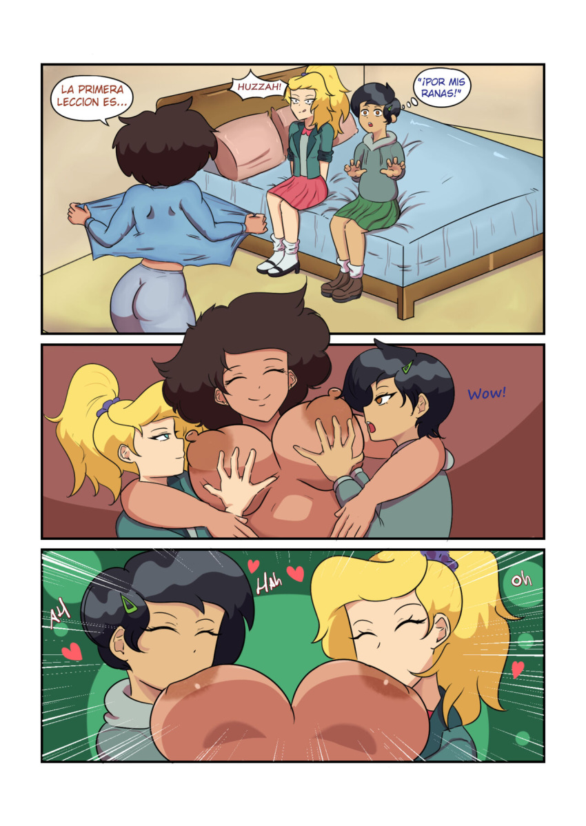 3girls age_difference amphibia big_ass big_breasts big_butt big_hips big_nipples big_thighs black_hair blonde_hair blue_eyes breast_sucking brown_hair cleavage comic comic_page dark-skinned_female dark_skin disney disney_channel double_breast_sucking female female_focus female_only height_difference hourglass_figure huge_ass huge_breasts huge_butt huge_hips huge_thighs interracial interracial_yuri j8fraph large_ass large_breasts large_butt light-skinned_female marcy_wu milf mother mrs._boonchuy multiple_girls oum_boonchuy sasha_waybright size_difference spanish_text straight_hair sucking_nipples wide_hips yuri