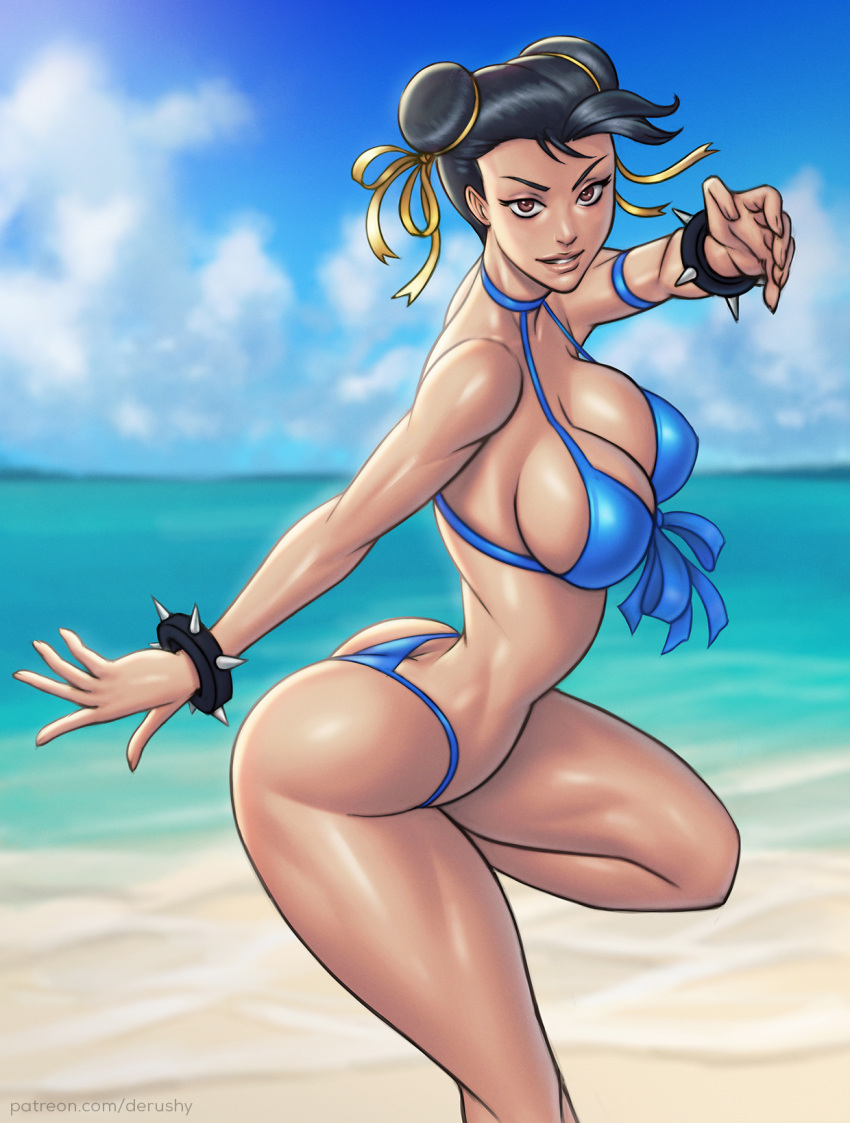 1girls ass beach bikini black_hair brown_eyes bubble_butt chun-li derushy female female_only large_breasts seaside solo spiked_bracelet street_fighter swimsuit thick_thighs thong thong_bikini