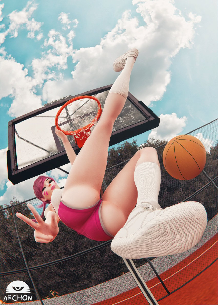 1girls 3d 3d_(artwork) archon_gen ass ass_focus ball ballin basketball basketball_hoop big_ass bottomwear d.va dat_ass female female_only goes_hard hair huge_ass knee_socks kneehighs kneesocks lips lipstick overwatch peace_sign pink_hair pink_lips pink_lipstick pink_shorts shoes shorts socks solo solo_female thick_lips thighs white_socks