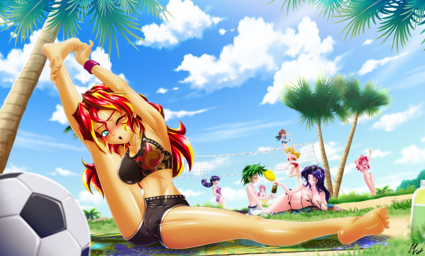 1boy 6+girls 7girls applejack_(mlp) aqua_eyes armpits barefoot beach beach_towel big_breasts bikini bikini_top_removed blonde_hair blue_eyes blush breasts cameltoe clothed cloud covering_breasts day equestria_girls feet fit fluttershy_(mlp) friendship_is_magic green_hair hasbro humanized large_breasts leg_up legs long_hair long_legs lying lying_on_side magenta_hair mauroz midriff multicolored_hair multiple_girls my_little_pony on_side one_eye_closed one_leg_up orange_skin outdoors parted_lips pink_hair pinkie_pie_(mlp) purple_hair rainbow_dash_(mlp) rainbow_hair rarity_(mlp) red_hair seaside short_shorts shorts sitting sky smooth_skin soccer_ball spike_(mlp) spread_legs stretching sunscreen sunset_shimmer toes tree twilight_sparkle_(mlp) volleyball yellow_skin yoga