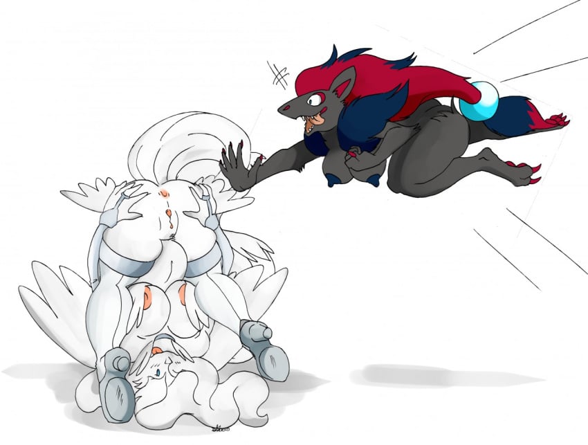 anthro anthrofied anus claws erect_nipples furry heels large_breasts long_hair nelsonnoir pokemon pokemon_(species) pokemon_bw pussy red_hair reshiram tongue_out upside-down white_fur zoroark