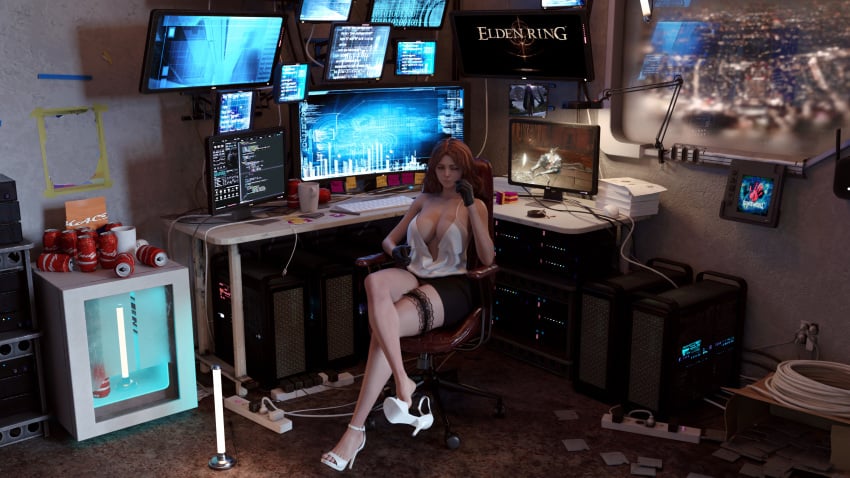 1girls 3d big_breasts cleavage clothing computer crossed_legs desktop elden_ring electronics female female_only fromsoftware gaming_chair human imminent_gaming linkiii melina_(elden_ring) modern_au monitor pale_skin solo stockings thick_thighs