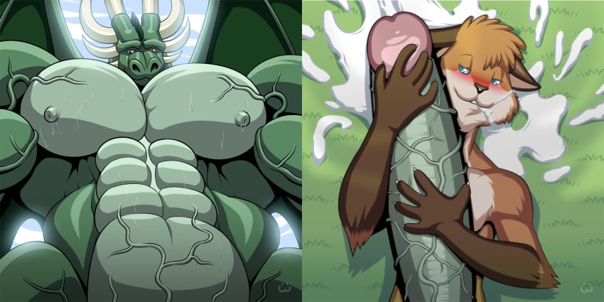 anthro big_dom_small_sub big_muscles big_penis blush bodily_fluids canid canine cum dominant dragon duo farin fox genital_fluids genitals handjob hi_res horn huge_cock huge_muscles hyper hyper_genitalia hyper_muscles hyper_penis male male/male mammal muscular nipples penile penis sekk'ral sex size_difference smile vein veiny_muscles veiny_penis wings wolfiecanem