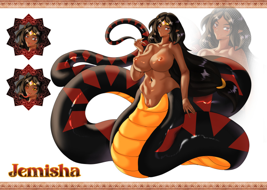 1girls brown_hair dark-skinned_female draconcopode huge_breasts jemisha_(violet_scales) lamia legless long_hair monster_girl original pointy_ears psychowolffy pussy red_eyes shaved_pussy snake_girl thick_naga_hips thick_thighs voluptuous wide_hips