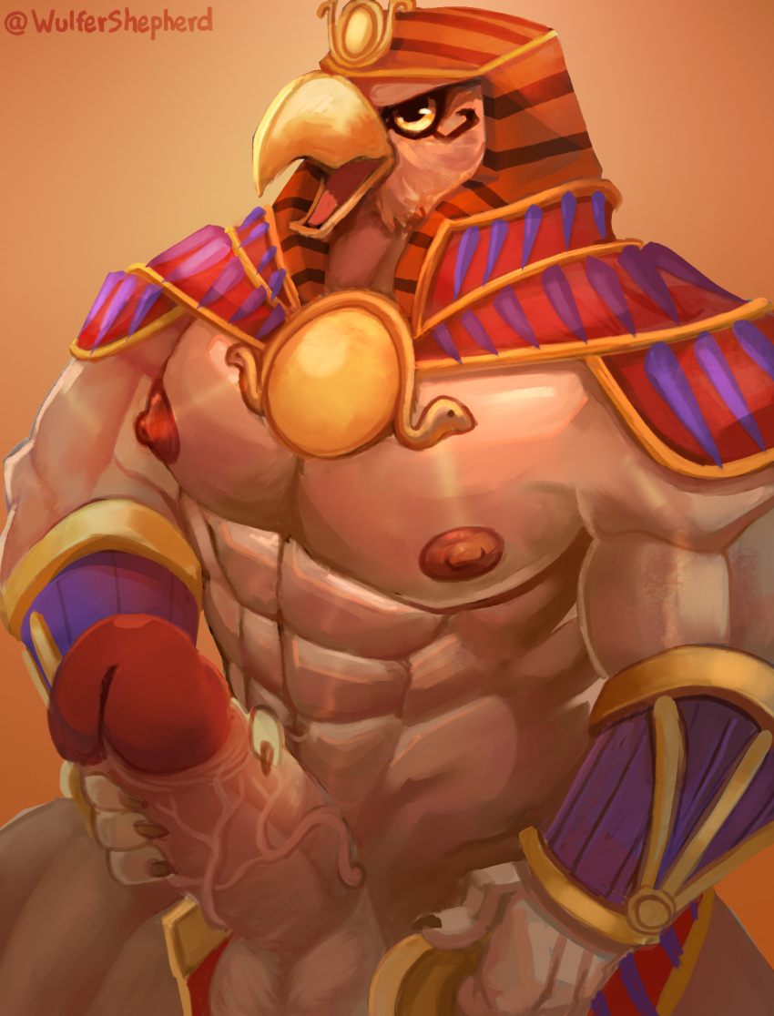 anthro armor avian balls big_penis deity egyptian_mythology erection genitals hi_res male masturbation middle_eastern_mythology mythology nipples penile penile_masturbation penis ra ra_(smite) solo vein veiny_penis wulfer-shepherd