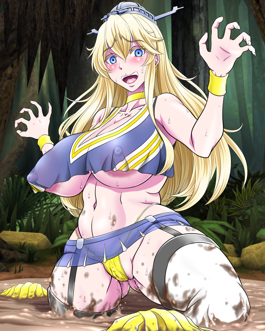 :o absurdres atagawa blonde_hair blue_eyes blush breasts cheerleader choker covered_nipples cuffs dirty dirty_clothes dress female fingernails hat highres iowa_(kantai_collection) jungle kantai_collection large_breasts legwear_garter long_fingernails looking_at_viewer mud nature open_mouth outdoors panties pom_pom_(cheerleading) pussy_juice quicksand see-through see-through_dress see-through_shirt sinking solo solo_focus sweat sweatdrop thick_thighs thighhighs thighs underwear