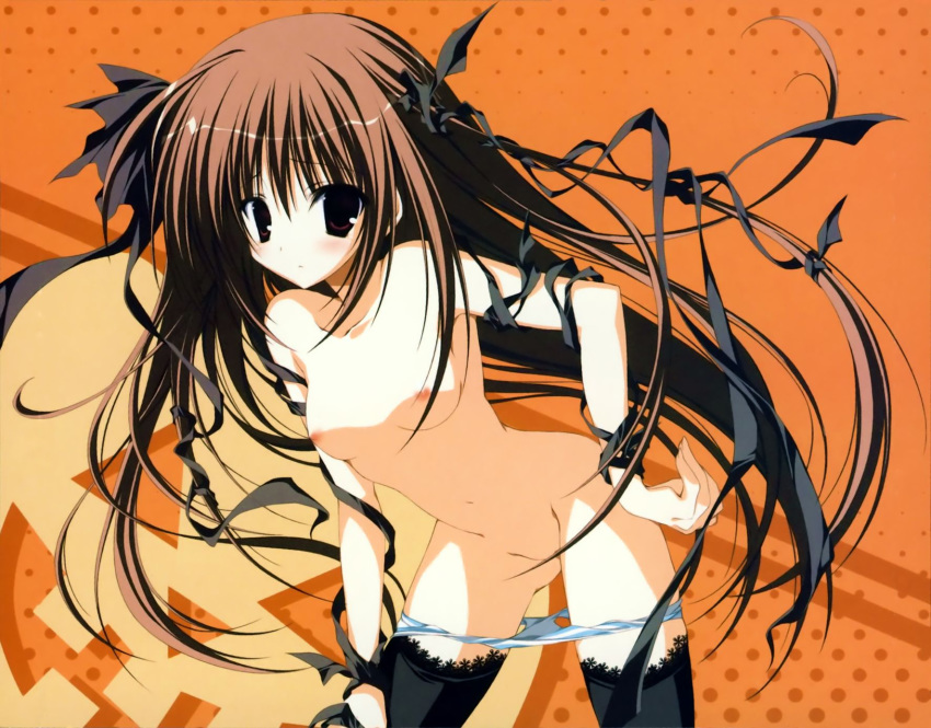 1girls brown_hair female inugami_kira long_hair nipples nude panties ribbons solo supreme_candy thighhighs underwear