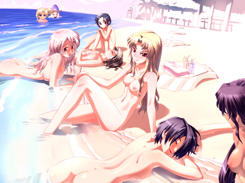 8girls aisha_scarlet_yang anri_anriette beach character_request fan_soyoung helena_burliuka iliza_lancaster koume_keito nipples nude outdoors sapfism_no_gensou