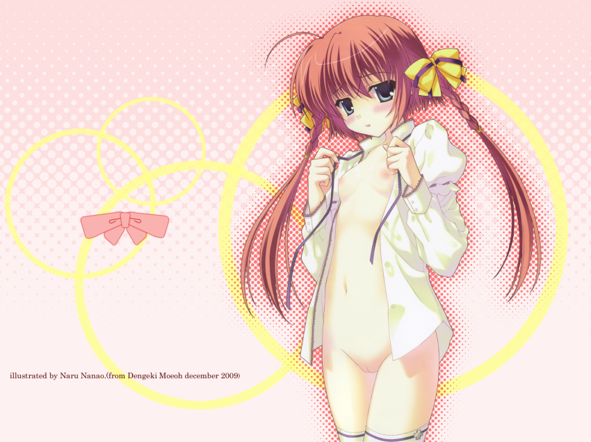 breasts nanao_naru no_bra nopan open_clothes open_shirt pussy ribbons shirt tied_hair twintails